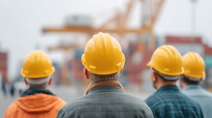 Group of Construction Workers in Yellow Hard Hats Observing a Construction Site with Cranes and Equipment in the Background on a Foggy Day