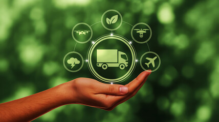 A digital illustration of a hand holding a glowing circular interface against a soft green bokeh background
