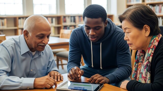 Intergenerational Learning: Three diverse individuals, an older African American man, a young African American man, and a senior Asian woman, collaborate using a tablet in a library setting.