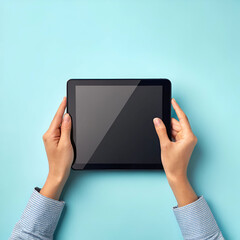 hands holding black tablet device isolated on light