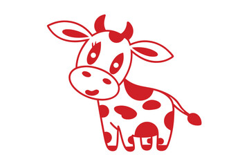 Cartoon red cow with spots is drawn in a cute, cheerful style