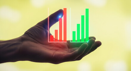 A conceptual image of a human hand holding a virtual interface with a glowing bar chart, symbolizing financial analysis and business strategy