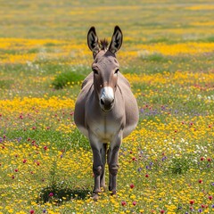 Donkey in a Colorful Meadow.