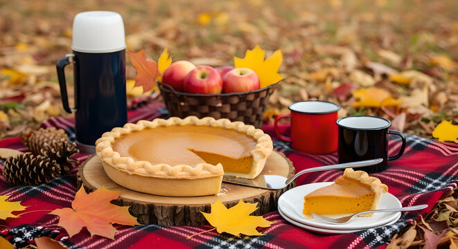 Classic Pumpkin Pie and Hot Drinks on a Plaid Picnic Blanket in Autumn