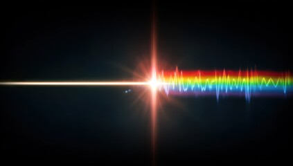 A vibrant rainbow light effect displays a horizontal sound wave against a dark background.