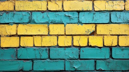 Fototapeta premium Teal yellow painted brick wall texture background