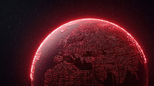 Digital Globe with Red Binary Code, Abstract Technology Concept, Futuristic World Map Displaying Data Connections, Global Communication, Cyber Interface Design
