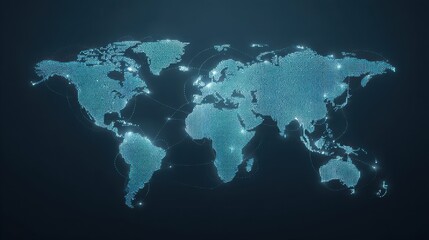 Modern Global Network Map with Digital Connections and Geometric Shapes Illustrating Technology and Data Flow Over a Dark Background