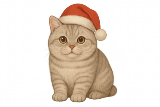 Cute cat wearing festive santa hat, looking directly at viewer, bringing holiday cheer. Transparent background