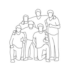 Group of six people standing together illustration vector hand drawn with black lines