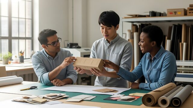 Sustainable Packaging Design: Three diverse designers collaborate around a table, examining a prototype cardboard box with windows, focused on eco-friendly packaging solutions.
