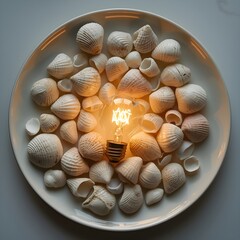 Ceramic Plate with Seashells and Bright Light Bulb
