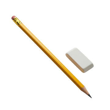 A pristine yellow graphite pencil with a sharp point and brown end beside a white eraser, on a seamless transparent background with high-key studio lighting, concept of precision and simplicity
