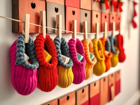 colorful knitted gift pouches hanging on string with wooden clothespins above decorated wooden drawer unit featuring heart cutouts in festive indoor setting ideal for holiday marketing, gift packaging