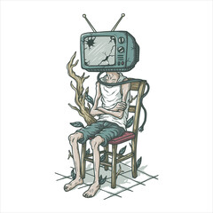 Television head chair tree, hand drawn illustration vector design.