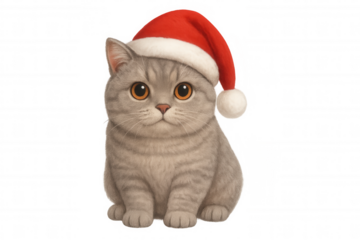 Cute british shorthair kitten wearing santa hat for christmas holiday celebration, transparent background