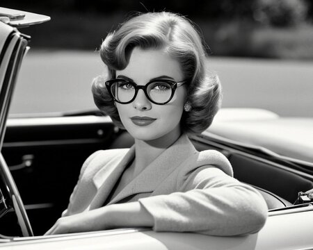 Elegant retro woman with glasses sitting in vintage convertible car, black and white 1950s style portrait.