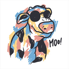 Funny cow with glasses hand drawn illustration vector design.