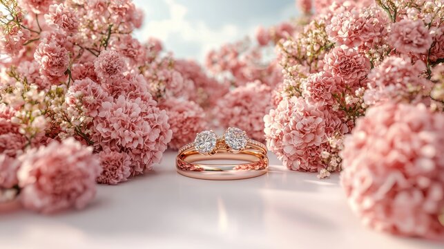 Rose gold engagement ring, flowers, soft light
