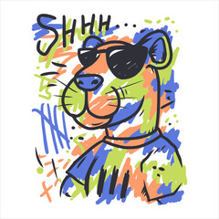 Funny tiger with glasses hand drawn illustration vector design.