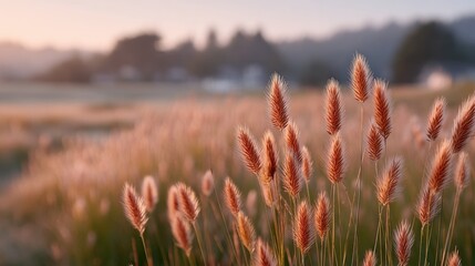 Golden Hour Meadow with Wild Grasses and Soft Sunlight Against a Blurred Background
