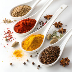 indian spices in spoons on white background