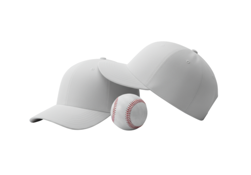 transparent baseball caps and a classic white baseball with red stitching, 45-degree overhead, isolated on seamless transparent with no shadows, concept of premium sports merchandise