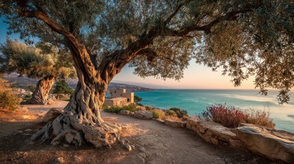 Fototapeta premium An impressive ancient olive tree with twisted branches overlooks the tranquil sea at sunset. The scenery captures the peaceful blend of land and water in a beautiful coastal setting