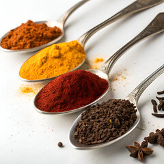 indian spices in spoons on white background