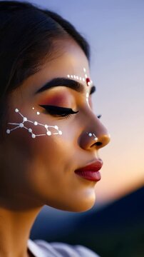 Cinematic close-up video of a woman with constellation face paint blinking naturally and smiling subtly at sunset, fantasy cosmic beauty concept with glowing makeup and celestial artistic style