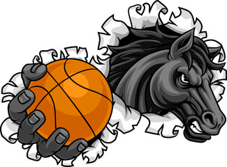 Horse mustang bronco stallion basketball angry sports team mascot holding a ball.