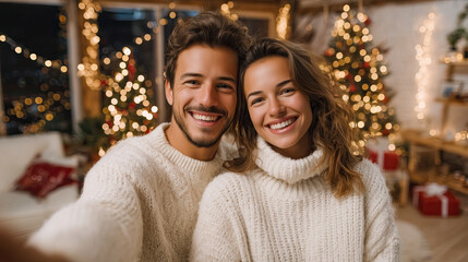 Joyful couple celebrates holiday season in beautifully decorated home with warm lights and festive atmosphere