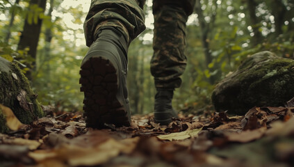 Soldier walks through forest path covered fallen leaves, showcasing military boots and camouflage pants. scene evokes sense of adventure