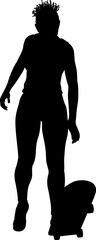 A skateboard woman or girl female skateboarder in silhouette.