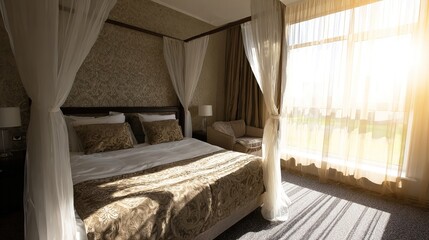 Elegant hotel bedroom bathed in morning sunlight, featuring a neatly made bed and sheer curtains for a serene ambiance.