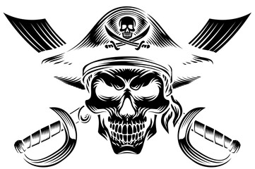 Pirate skull crossbones wearing a tricorn captain hat with crossing sabers or scimitar cutlass pirate swords. In a vintage retro woodcut style.