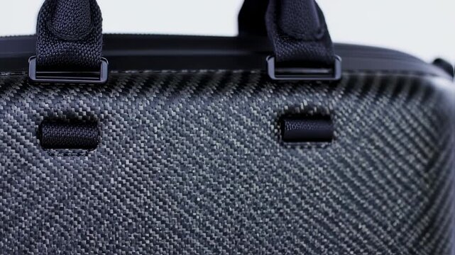 Close-up of a stylish dark grey herringbone pattern duffel bag.