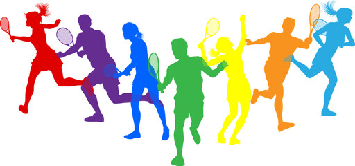 Silhouette Tennis players set. Active sports people healthy players fitness silhouettes concept.