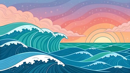 Vibrant ocean waves crashing under a colorful sunset sky, perfect for travel, relaxation, and summer-themed projects, evoking peace and tranquility