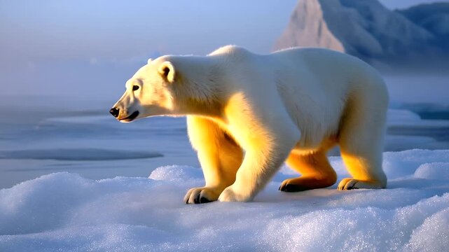 A polar bear its fur matted rests on an ice floe its paws curled. A fish skeleton its bones brittle lies nearby. A sea wave laps its surface frothing. A distant iceberg its