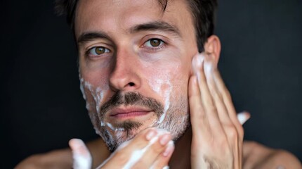 Young man washing face with foamy cleanser, refreshing splash moment that communicates clarity, hygiene, and morning energy — perfect for skincare launches, wellness content, and personal care storyte - Powered by Adobe