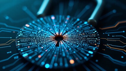 Abstract Macro of Digital Lock with Swirling Blue Binary Code and Gold Data Streams