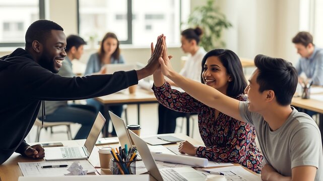 Startup Success Celebration: A diverse team of young professionals high-fives in a collaborative workspace after a successful project milestone.
