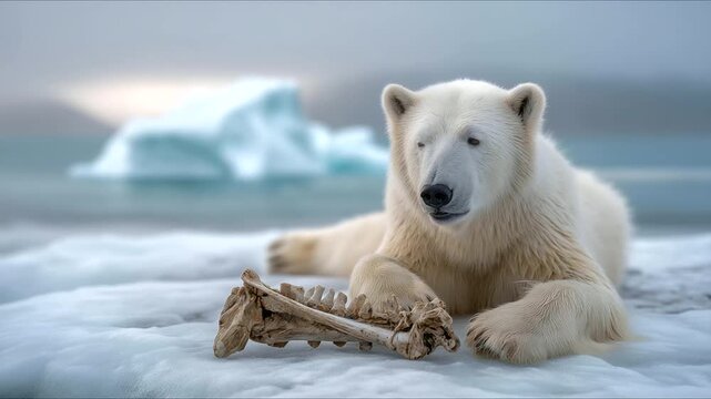 A polar bear its fur matted rests on an ice floe its paws curled. A fish skeleton its bones brittle lies nearby. A sea wave laps its surface frothing. A distant iceberg its
