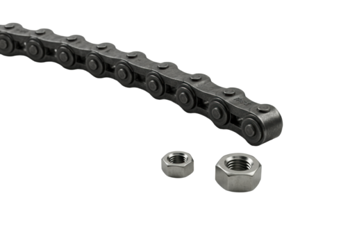 Close-up of a dark grey industrial metal chain with a polished stainless steel hex nut, precisely arranged on a seamless transparent studio background with soft lighting, emphasizing precision
