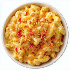 Food photography of a bowl filled with macaroni and cheese, with a fork pulling out the cheese. The background is white, and the color palette is light beige. The image is hyper-realistic.

