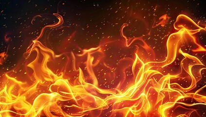 Fototapeta premium Fiery flames dance against a dark backdrop. Usable as dramatic presentation graphic