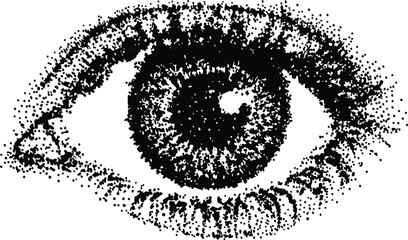 eye in halftone stipple effect for urban design vector. vintage stipple photocopy effect, with retro grainy texture. Vector illustration for grunge psychedelic surreal poster. Eps 10

