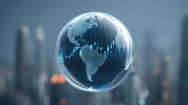 Futuristic digital globe with dotted world map and glowing line graph on blurred city skyline background showcasing data analysis and global connectivity