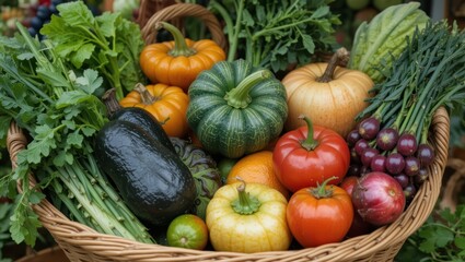 Colorful Basket of Fresh Organic Vegetables Including Pumpkins, Tomatoes, and Squash